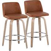 Toriano 26" Swivel Counter Stool in White Washed Wood & Camel Leatherette & Chrome (Set of 2)